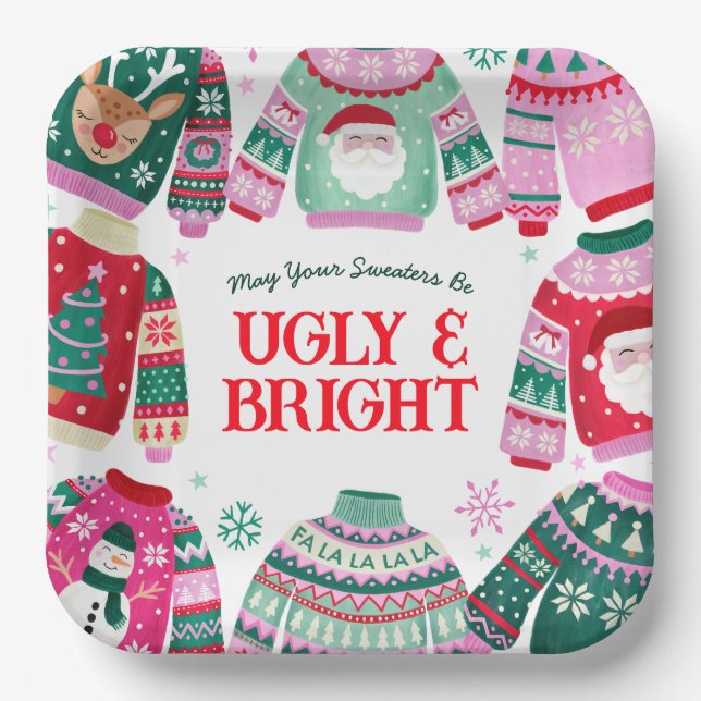 Ugly Sweater with Santa, Reindeer Christmas  Paper Plate (Front)