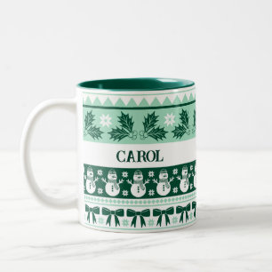 Ugly Sweater with Snowman Mint Green Two-Tone Coffee Mug