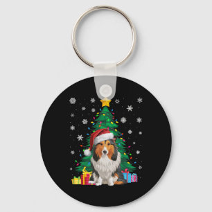Ugly Sweater Xmas Tree Light Shetland Sheepdog Dog Key Ring