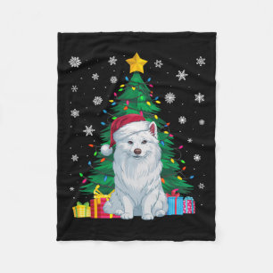 Ugly Sweater Xmas Tree Lights American Eskimo Dog Fleece Blanket