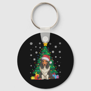 Ugly Sweater Xmas Tree Lights Bearded Collie Dog S Key Ring
