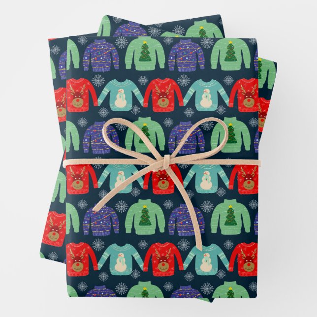 Ugly Sweaters Christmas Illustration Snowflakes  Wrapping Paper Sheet (In situ)