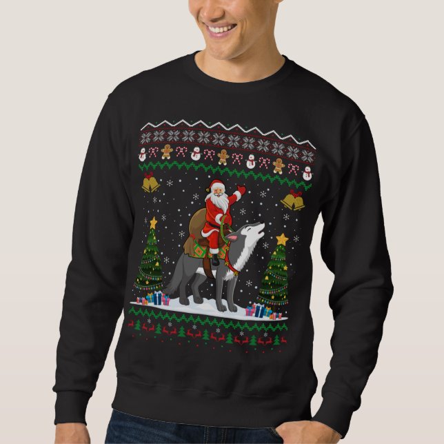 Ugly Wolf Xmas Gift Santa Riding Wolf Christmas Sweatshirt (Front)