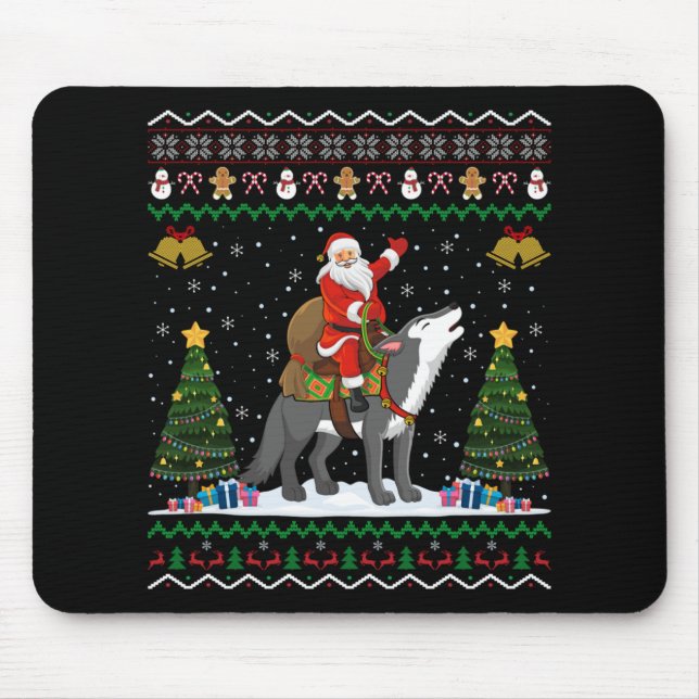 Ugly Wolf Xmas Gift Santa Riding Wolf Christmas T  Mouse Pad (Front)