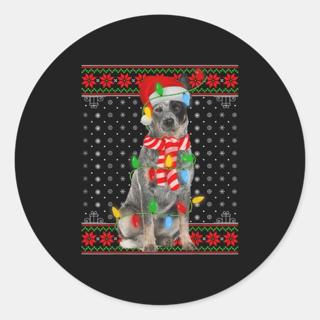 Ugly Xmas Dog Lights Santa Hat Blue Heeler Dog Chr Classic Round Sticker (Front)