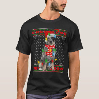 Ugly Xmas Dog Lights Santa Hat Blue Heeler Dog Chr T-Shirt