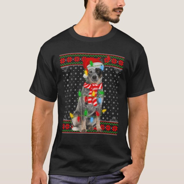Ugly Xmas Dog Lights Santa Hat Blue Heeler Dog Chr T-Shirt (Front)