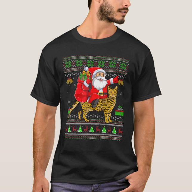 Ugly Xmas Funny Santa Claus Riding Bengal Cat Chri T-Shirt (Front)