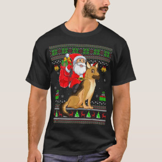 Ugly Xmas Funny Santa Claus Riding German Shepherd T-Shirt