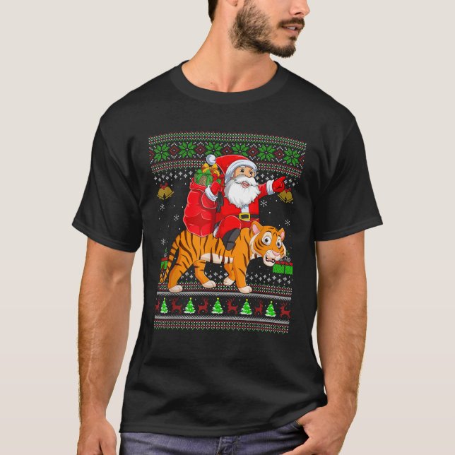 Ugly Xmas Funny Santa Claus Riding Liger Christmas T-Shirt (Front)