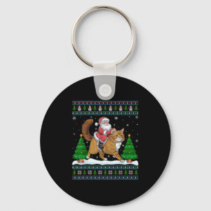 Ugly Xmas Lighting Tree Santa Riding Maine Coon Ch Key Ring