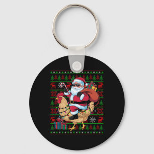 Ugly Xmas Lights Funny Santa Riding Chicken Bird C Key Ring
