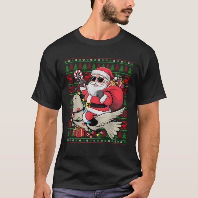 Ugly Xmas Lights Funny Santa Riding Dove Bird Chri T-Shirt (Front)