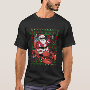 Ugly Xmas Lights Funny Santa Riding Lobster Christ T-Shirt
