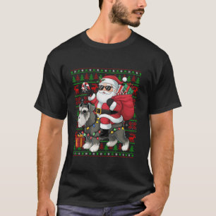 Ugly Xmas Lights Funny Santa Riding Schnauzer Dog T-Shirt