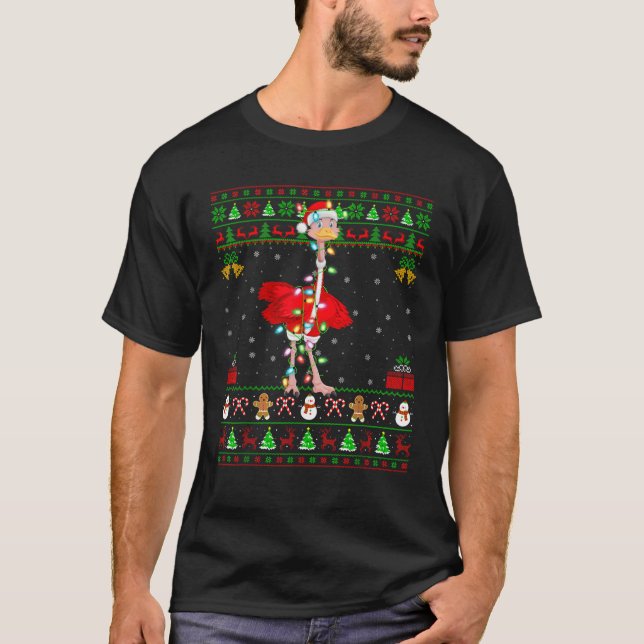 Ugly Xmas Lights Santa Costume Ostrich Christmas  T-Shirt (Front)