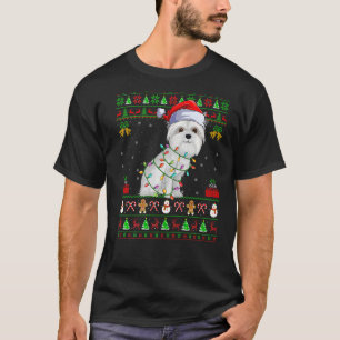 Ugly Xmas Lights Santa Maltese Dog Christmas T-Shirt