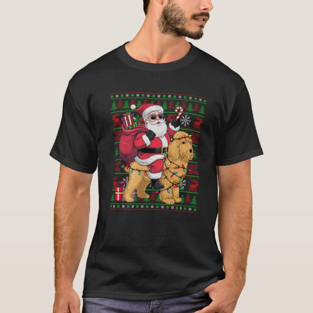 Ugly Xmas Lights Santa Riding Goldendoodle Dog Chr T-Shirt (Front)