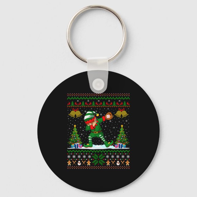 Ugly Xmas Pajamas Dabbing Elf Baseball Player Chri Key Ring (Front)
