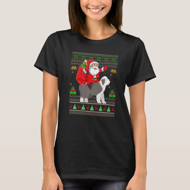 Ugly Xmas Santa Riding English Sheepdog Christmas T-Shirt (Front)