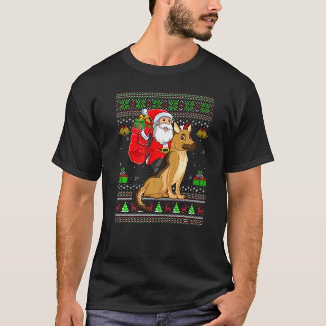 Ugly Xmas Santa Riding German Shepherd Dog Christm T-Shirt (Front)
