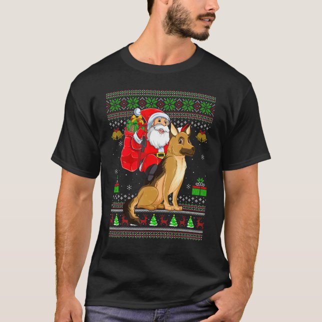 Ugly Xmas Santa Riding German Shepherd Dog Christm T-Shirt (Front)
