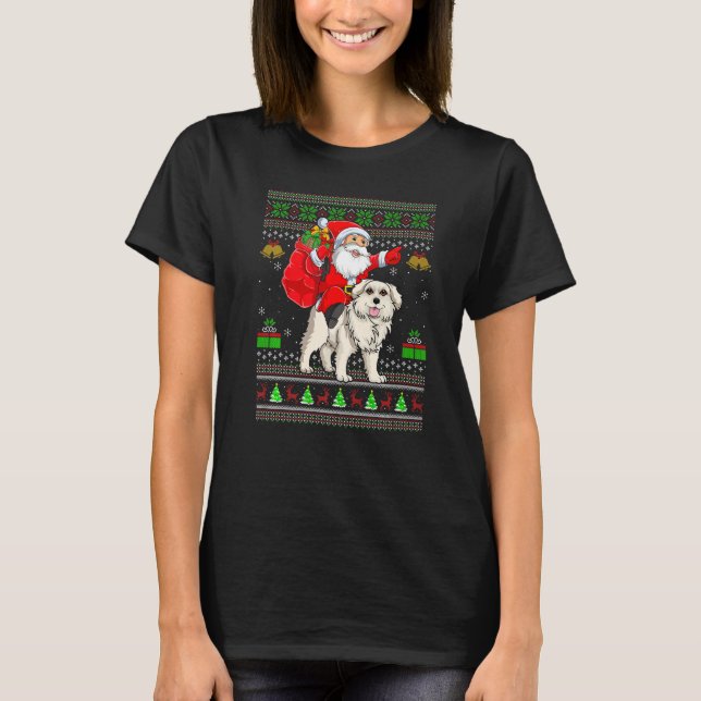 Ugly Xmas Santa Riding Great Pyrenees Dog Christma T-Shirt (Front)