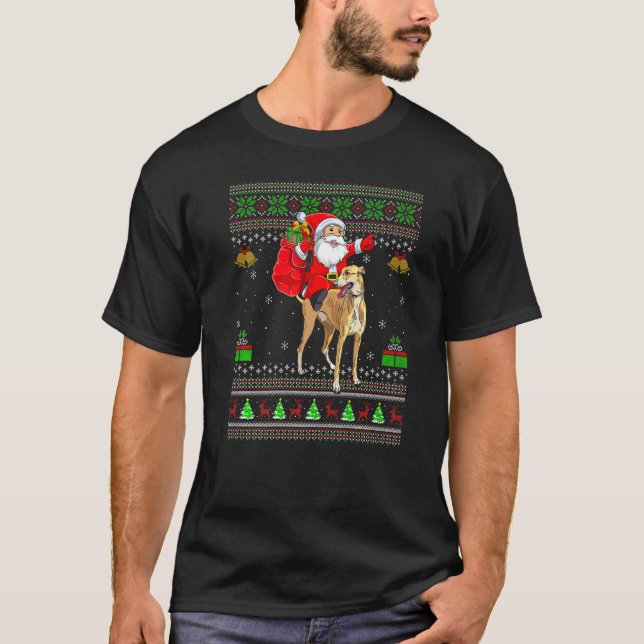 Ugly Xmas Santa Riding Greyhound Dog Christmas T-Shirt (Front)