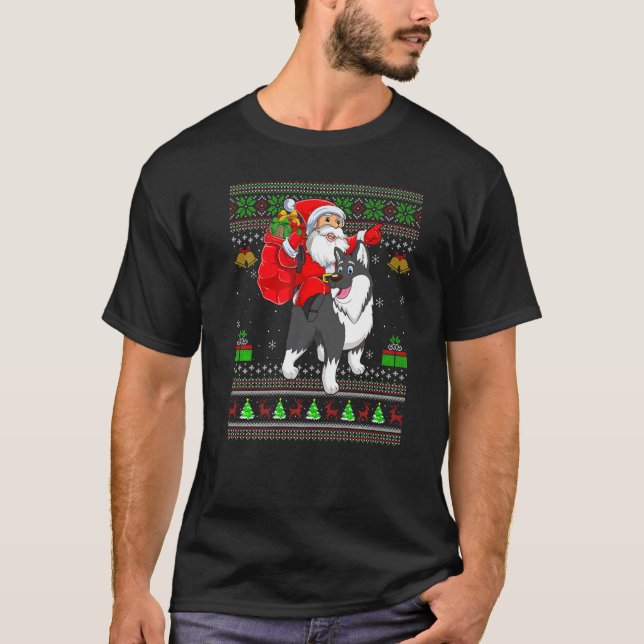 Ugly Xmas Santa Riding Malamute Dog Christmas T-Shirt (Front)