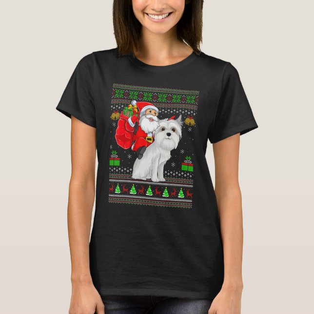 Ugly Xmas Santa Riding Maltese Dog Christmas T-Shirt (Front)