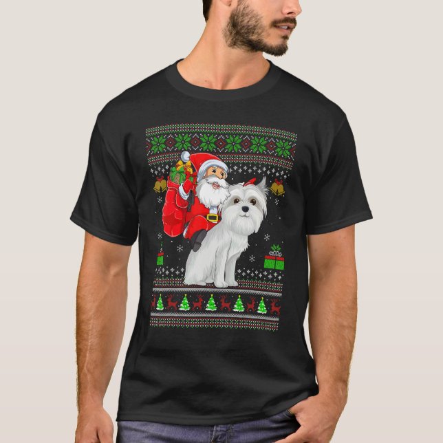 Ugly Xmas Santa Riding Maltese Dog Christmas T-Shirt (Front)