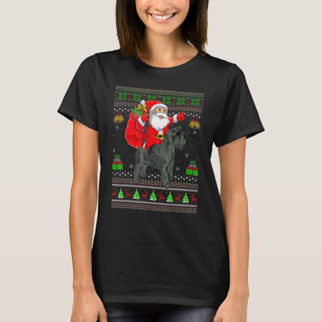 Ugly Xmas Santa Riding Miniature Schnauzer Dog Chr T-Shirt (Front)
