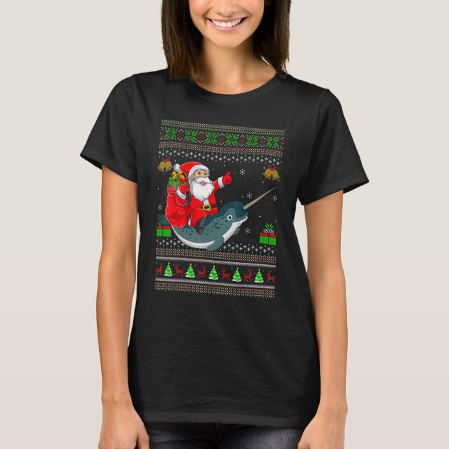 Ugly Xmas Santa Riding Narwhal Christmas T-Shirt (Front)