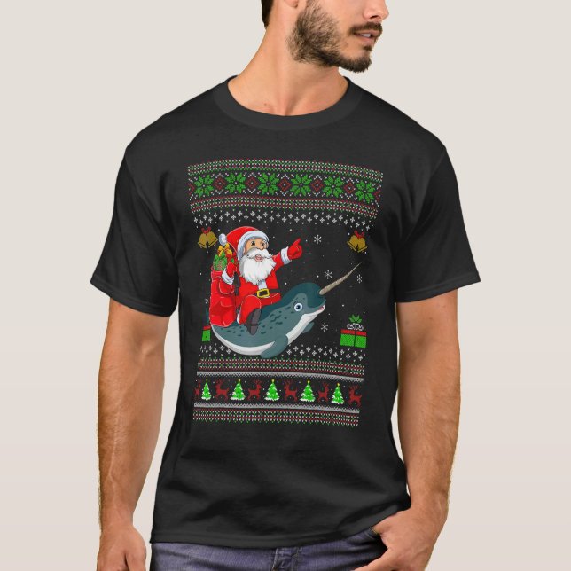 Ugly Xmas Santa Riding Narwhal Christmas T-Shirt (Front)
