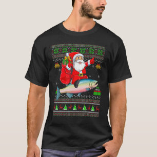 Ugly Xmas Santa Riding Rainbow Trout Fish Christma T-Shirt