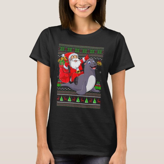 Ugly Xmas Santa Riding Seals Christmas T-Shirt (Front)