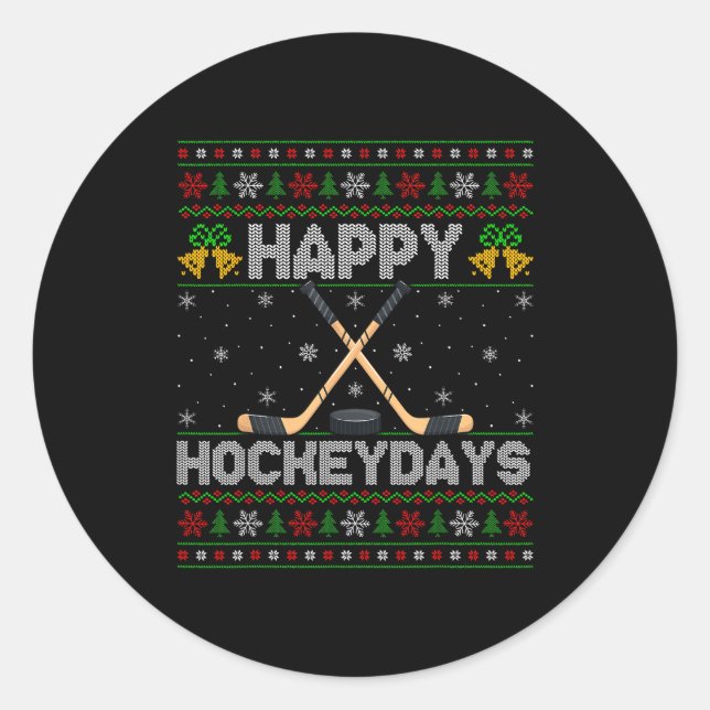 Ugly Xmas Sweater Happy Hockeydays Ice Hockey Chri Classic Round Sticker (Front)