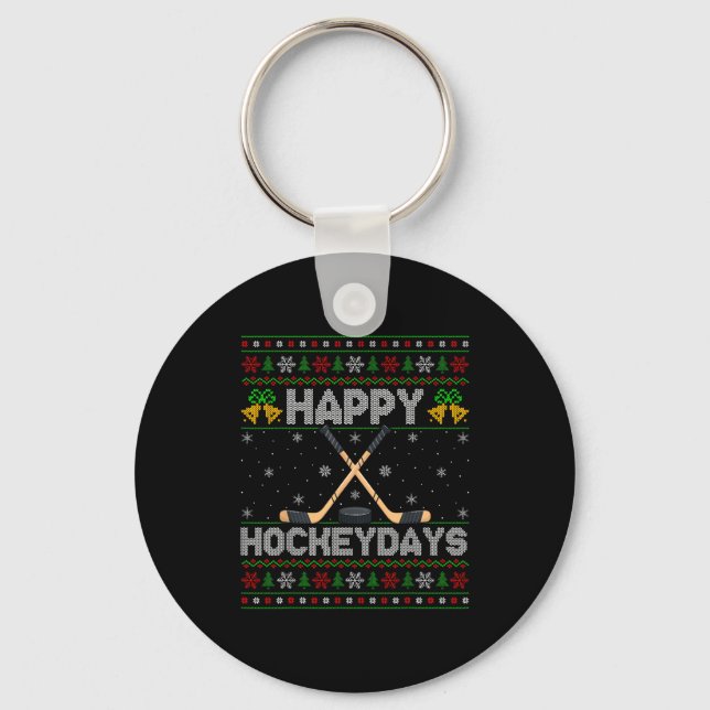 Ugly Xmas Sweater Happy Hockeydays Ice Hockey Chri Key Ring (Front)