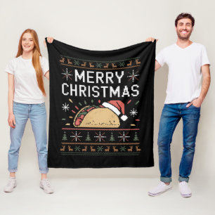 Ugly Xmas Sweater Lights Santa Taco Christmas Fleece Blanket