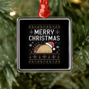 Ugly Xmas Sweater Lights Santa Taco Christmas Metal Ornament