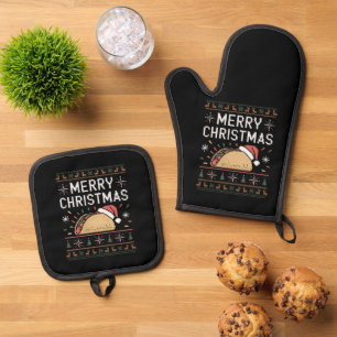 Ugly Xmas Sweater Lights Santa Taco Christmas Oven Mitt & Pot Holder Set