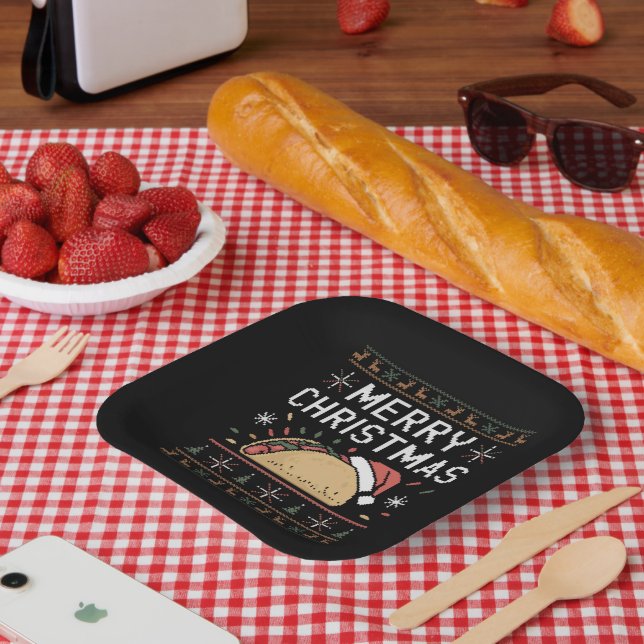 Ugly Xmas Sweater Lights Santa Taco Christmas Paper Plate (Picnic)