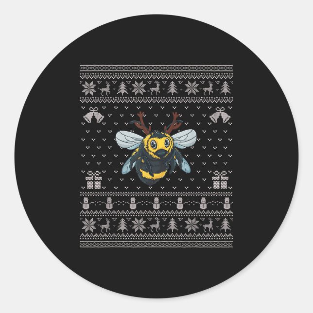 Ugly Xmas Sweater Style Bumble Bee Reindeer Christ Classic Round Sticker (Front)