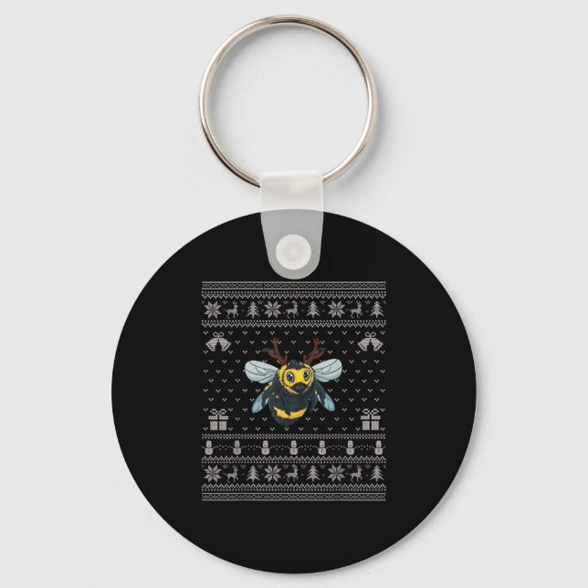 Ugly Xmas Sweater Style Bumble Bee Reindeer Christ Key Ring (Front)