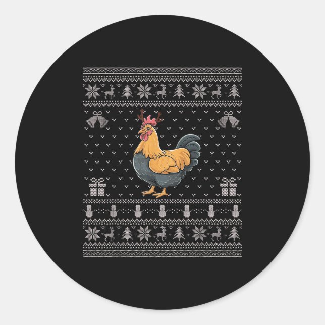 Ugly Xmas Sweater Style Chicken Reindeer Christmas Classic Round Sticker (Front)