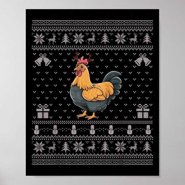 Ugly Xmas Sweater Style Chicken Reindeer Christmas Poster (Front)