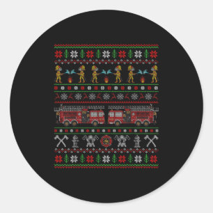 Ugly Xmas Sweater Style Fire Truck Firefighter Chr Classic Round Sticker