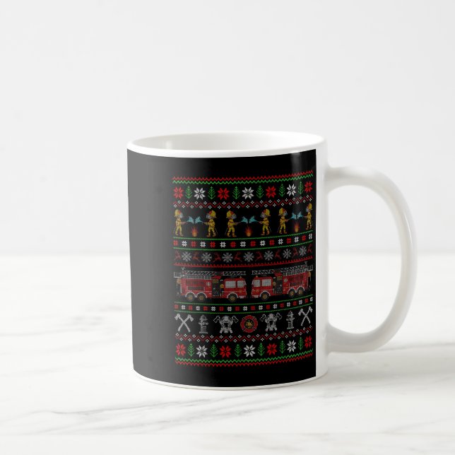 Ugly Xmas Sweater Style Fire Truck Firefighter Chr Coffee Mug (Right)