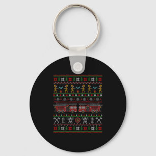 Ugly Xmas Sweater Style Fire Truck Firefighter Chr Key Ring