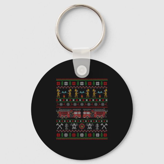 Ugly Xmas Sweater Style Fire Truck Firefighter Chr Key Ring (Front)